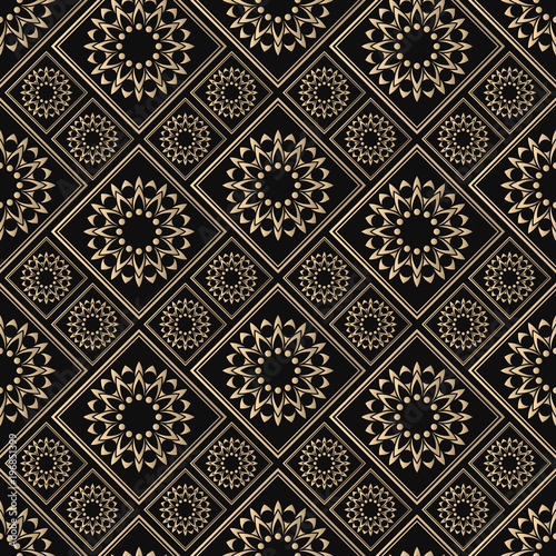 Islamic vector design. Seamless pattern oriental ornament. Black and golden textile print. Floral tiles.