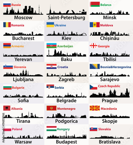 vector silhouettes of East European cities skylines with countries flags