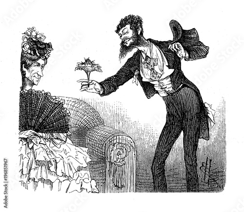 Vintage caricatures and fun: weird gentleman courting an old spinster offering a bouquet of flowers
