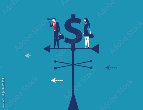 Business team standing on weather vane and searching for success. Concept business partnership vector illustration.