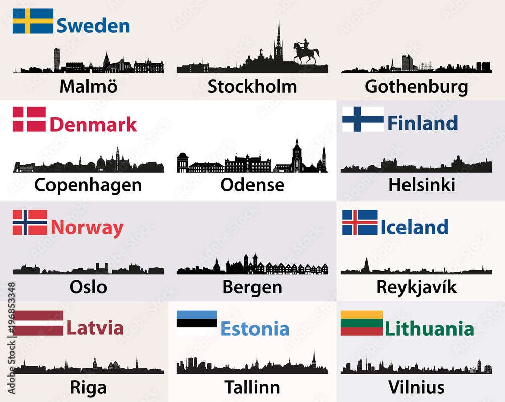 Fototapeta premium Scandinavian and North European countries vector cities skylines silhouettes