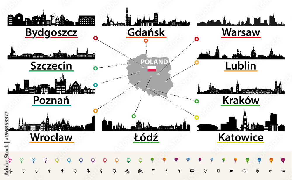 Fototapeta wektorowa mapa Polski z największymi sylwetkami sylwetki miasta