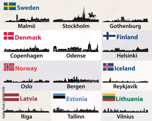 Scandinavian and North European countries vector cities skylines silhouettes