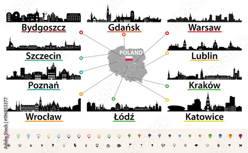 Fototapeta wektorowa mapa Polski z największymi sylwetkami sylwetki miasta