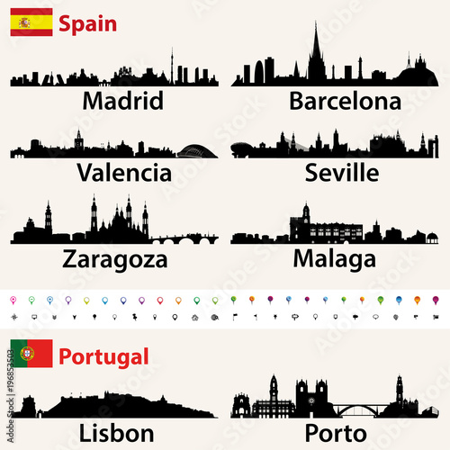 Spain and Portugal largest cities skylines silhouettes vector set #196853503