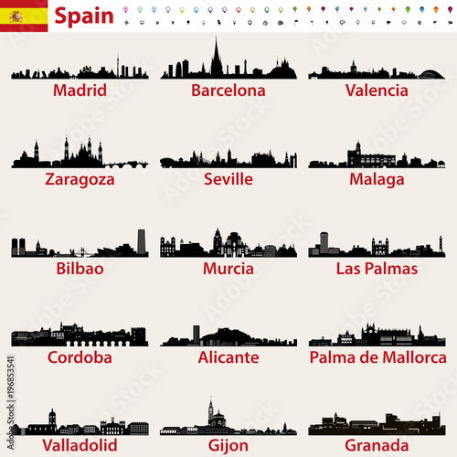 Spain largest cities skylines silhouettes vector set