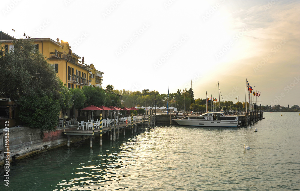 Sirmione, Italy - oct  2017: town of Sirmione, colorful street view, tourist destination in Lombardy region of Italy.Lago di Garda town of Sirmione , tourist destination in Lombardy region of Italy