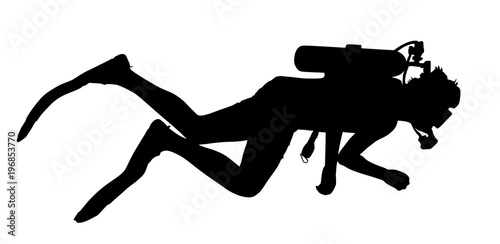 Scuba diving silhouette vector illustration isolated on white background.. Sport underwater, water sea, glove and flashlight, mask and snorkel. Diving school, Scuba school. Beach fun, fishing,swimming