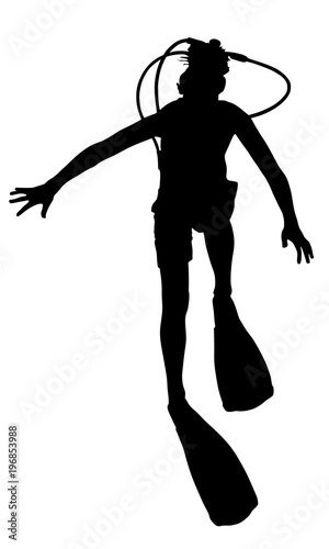 Scuba diving silhouette vector illustration isolated on white background.. Sport underwater, water sea, glove and flashlight, mask and snorkel. Diving school, Scuba school. Beach fun, fishing,swimming