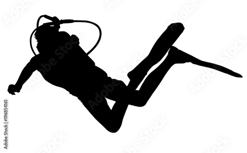 Scuba diving silhouette vector illustration isolated on white background.. Sport underwater, water sea, glove and flashlight, mask and snorkel. Diving school, Scuba school. Beach fun, fishing,swimming
