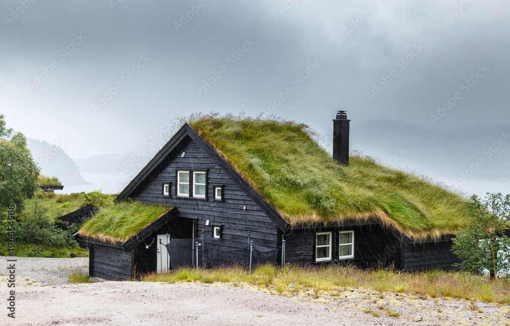 Obraz premium Norway, Scandinavia, Europe. Traditional Norwegian house with green grass on the roof in traditional Norway overcast rainy weather in spectacular northern landscape.