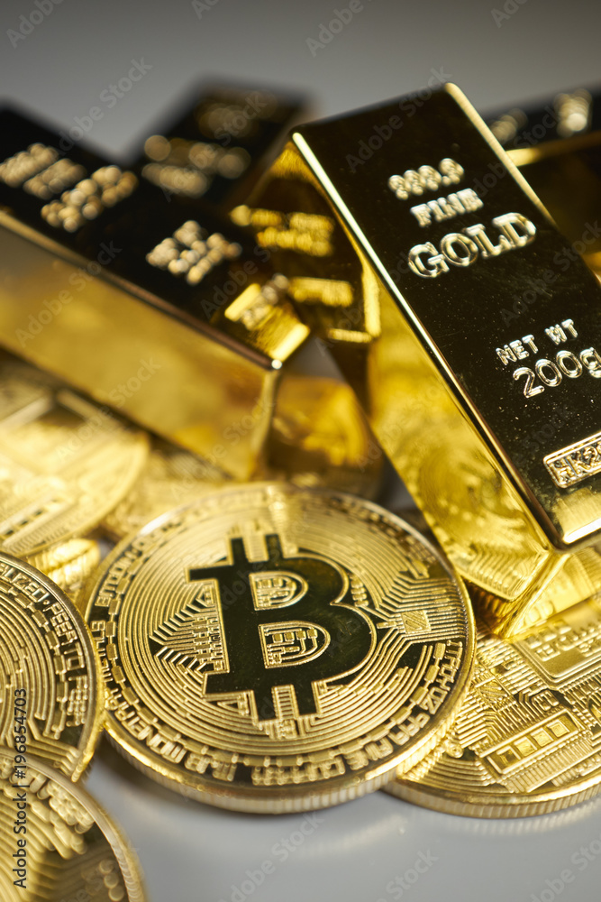 Golden Bitcoin Coin and gold. Bitcoin cryptocurrency. Business concept. Golden Bitcoin Coin and gold. Bitcoin cryptocurrency. Business concept.