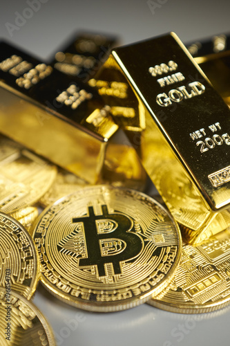 Golden Bitcoin Coin and gold. Bitcoin cryptocurrency. Business concept.