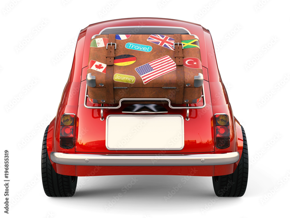 Kleines rotes Auto mit Koffer auf Gepäckträger, Urlaub Reise