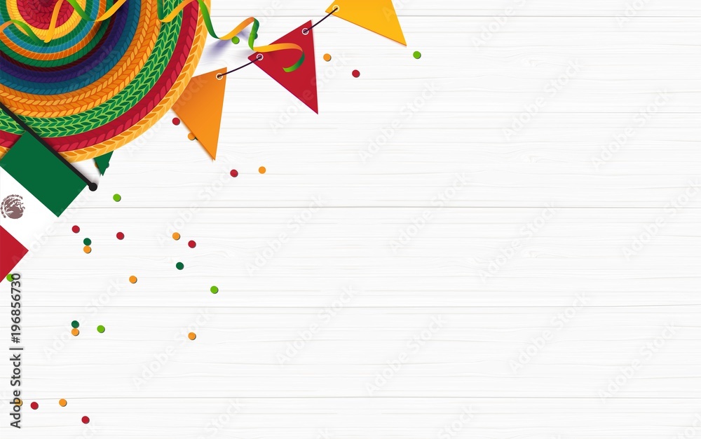Mexican holiday background. Sombrero, mexican flag, confetti on white