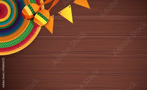 Mexican holiday background. Sombrero, maracas on brown wooden background. Top view. Vector illustration