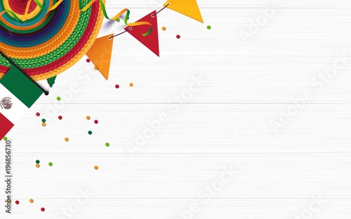 Mexican holiday background. Sombrero, mexican flag, confetti on white wooden background. Top view. Vector illustration