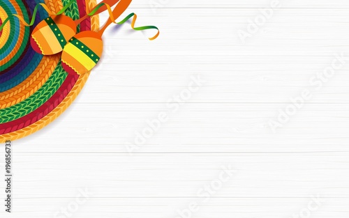 Mexican holiday background. Sombrero, macaras on white wooden background. Top view. Vector illustration