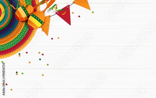 Mexican holiday background. Sombrero, maracas, confetti on white wooden background. Top view. Vector illustration
