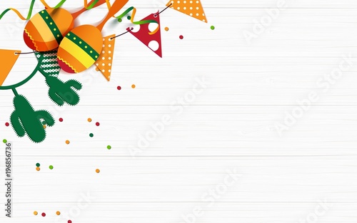 Mexican holiday background. Bunting flags, macaras, confetti on white wooden background. Top view. Vector illustration
