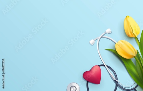 Yellow tulips and stethoscope on blue background. Top view. Happy nurse day concept. Vector illustration