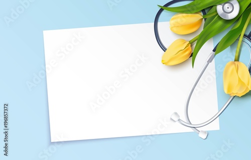 Bunch of yellow tulips and stethoscope on blue background. Happy nurse day. Vector illustration