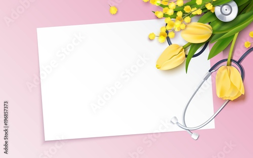 Bunch of yellow tulips, mimosa branch and stethoscope on pink background. Happy nurse day. Vector illustration