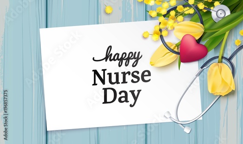 Bunch of yellow tulips, mimosa branch and stethoscope on blue wooden background. Happy international nurse day. Vector illustration