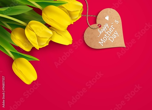 Happy mother`s day card with yellow tulips on pink background. Beautiful spring greeting card.  Vector illustration