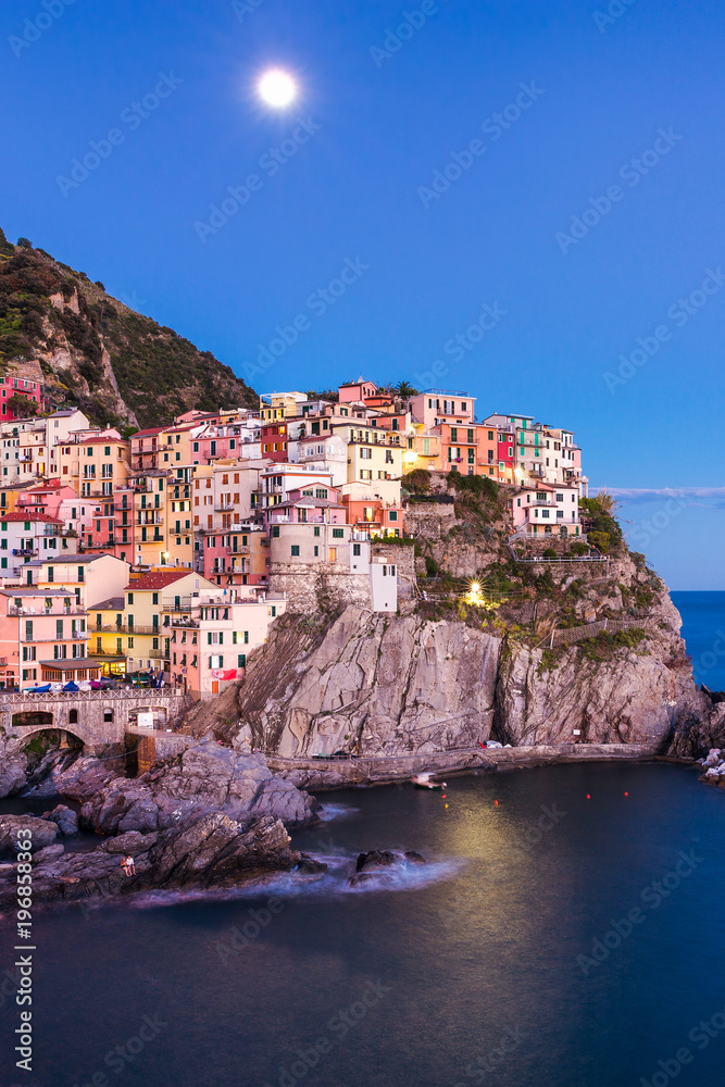Manarola at twilight. Cinque Terre. It is the second smallest town of the famous Cinque Terre towns. Liguria, Italy.