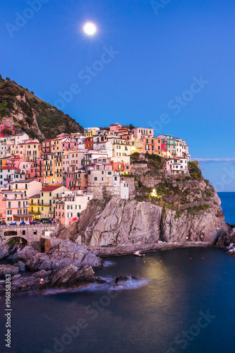 Manarola at twilight. Cinque Terre. It is the second smallest town of the famous Cinque Terre towns. Liguria, Italy.