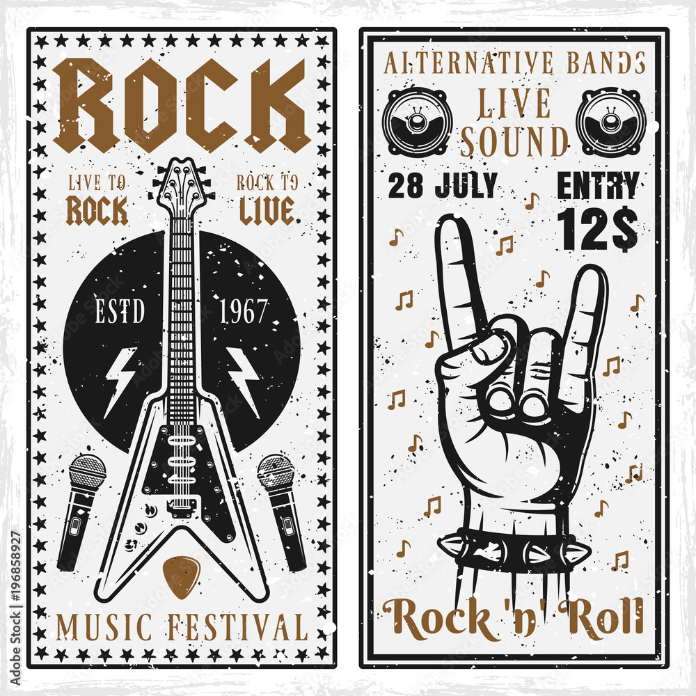 Naklejka premium Rock music festival two vertical banners or invitation flyers vector templates with guitar and horns hand gesture. Layered, separate grunge texture and text