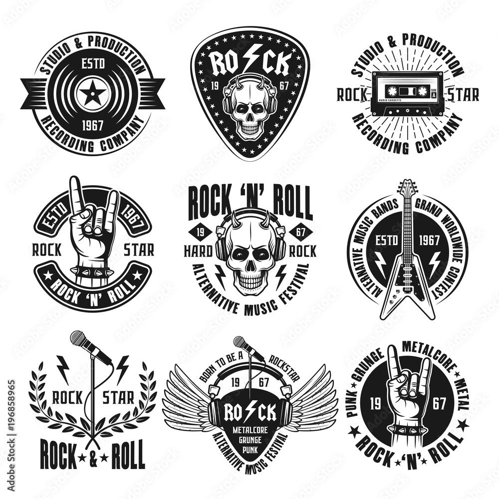 Naklejka premium Rock n roll music zestaw vintage emblematy, etykiety, odznaki i logo w stylu monochromatycznym na białym tle ilustracji wektorowych