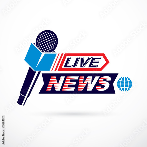 Live reportage conceptual logo, vector illustration created with microphones equipment and live news writing.