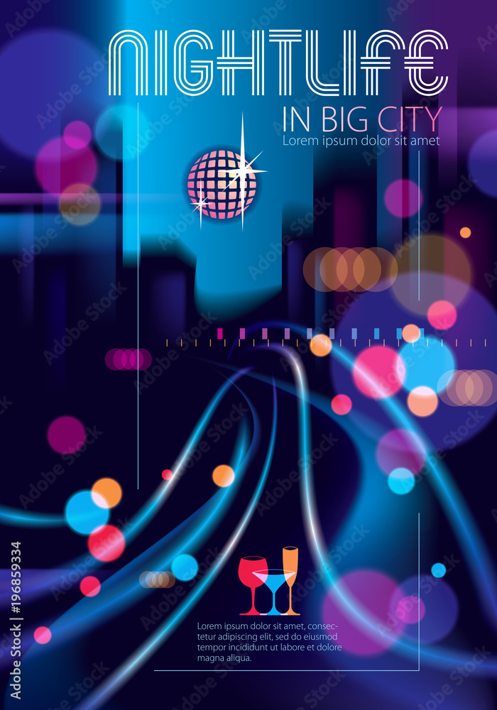 Night city life with street lamps and bokeh blurred lights. Effect vector beautiful background. Blur colorful dark background with cityscape, buildings silhouettes skyline.