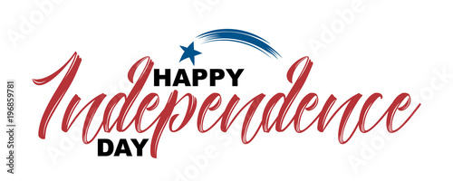 Happy Independence Day hand drawn quote isolated on white background, vector illustration. Handwritten calligraphic lettering, flying star icon, 4th of July concept for greeting cards, banners, flyers