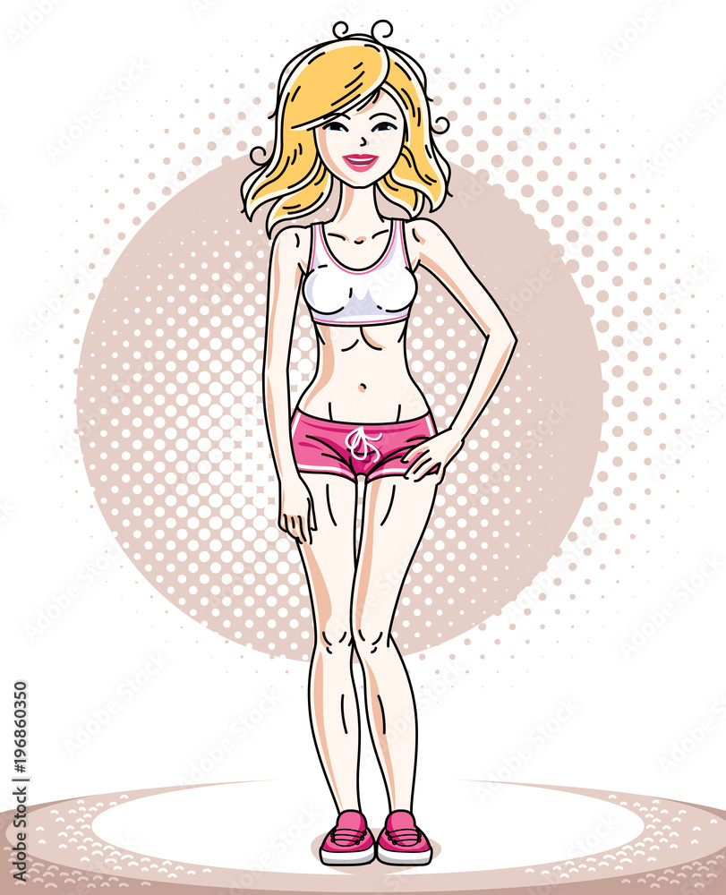 Attractive young blonde sportswoman adult standing. Vector illustration of lady wearing pink shorts.  Sport style.