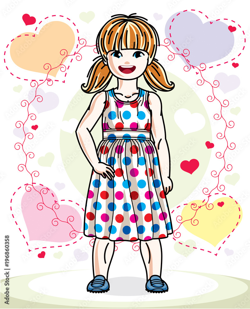 Beautiful little red-haired girl posing on colorful backdrop with romantic hearts. Vector kid illustration.