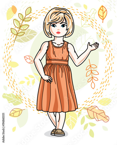 Little fair-haired girl toddler standing on background of autumn landscape and wearing fashionable casual clothes. Vector attractive kid illustration. Fashion and lifestyle theme cartoon.