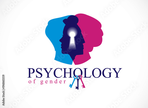 Gender psychology concept created with man and woman heads profiles and keyhole with key of understanding, vector logo or illustration of relationship problems and conflicts in family and society.