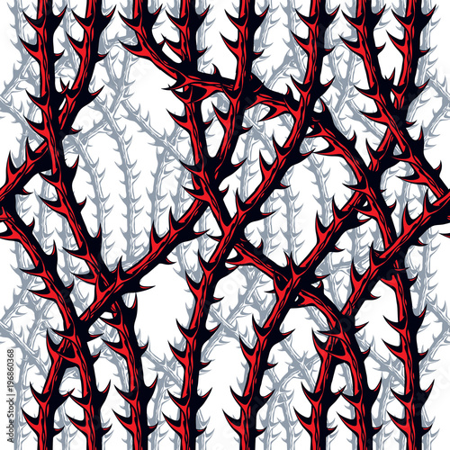 Horror style horrible seamless pattern, vector background. Blackthorn branches with thorns stylish endless illustration. Hard Rock and Heavy metal subculture music textile fashion stylish design. photo