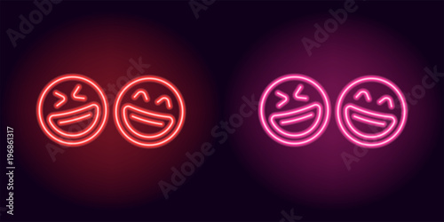 Red and pink neon laughing emoji, fool day