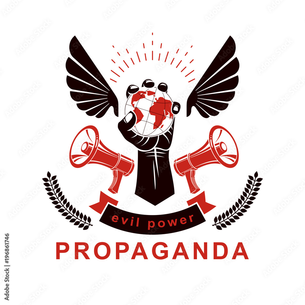 Marketing poster composed with loudspeaker equipment and raised arm holding globe, vector illustration. Global authority as the means of political and social influence