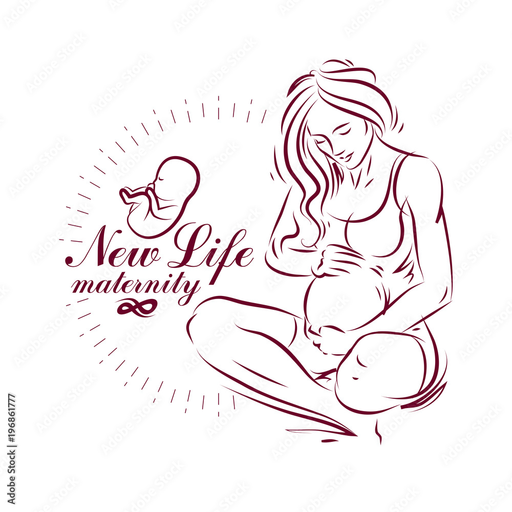 Fototapeta Pregnant woman elegant body silhouette, sketchy vector illustration. Pregnancy support and mother care advertising flyer