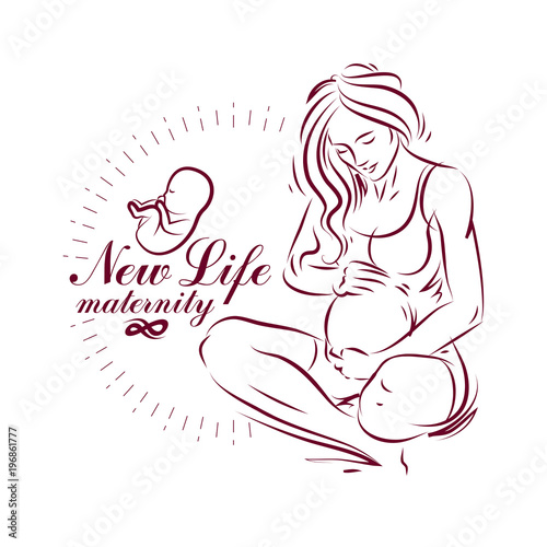 Pregnant woman elegant body silhouette, sketchy vector illustration. Pregnancy support and mother care advertising flyer