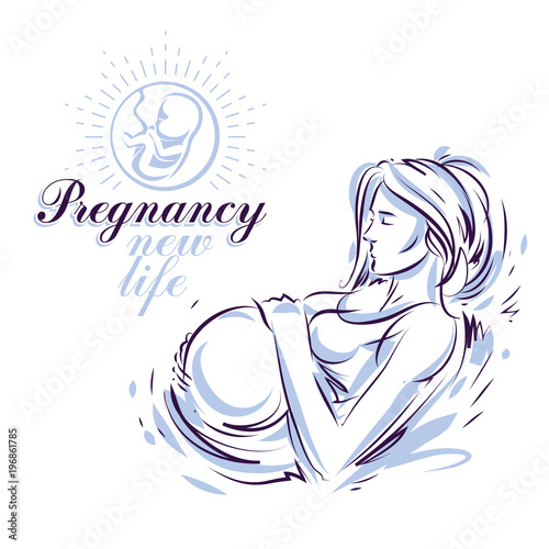 Elegant pregnant woman body silhouette drawing. Vector illustration of mother-to-be fondles her belly. Pregnancy assistance center promotion mock up