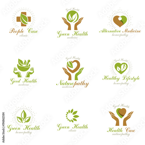 Living in harmony with nature metaphor, set of green health idea logos. Wellness center abstract modern emblems.