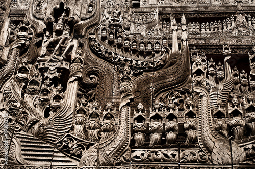 Mandalay, Myanmar - November 24, 2015 : .Very nice details of a old temple with wood in Mandalay