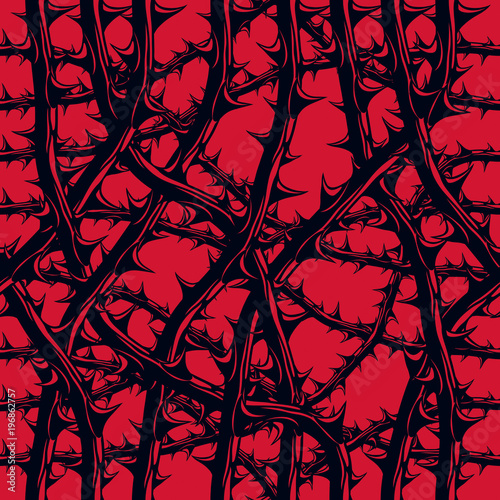 Horror art style seamless pattern, vector background. Blackthorn branches with thorns stylish endless illustration. Usable for fabric, wallpaper, wrapping, web and print.