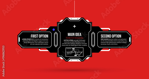 Text background with two options and hi-tech elements in black and red techno style on flat vibrant background